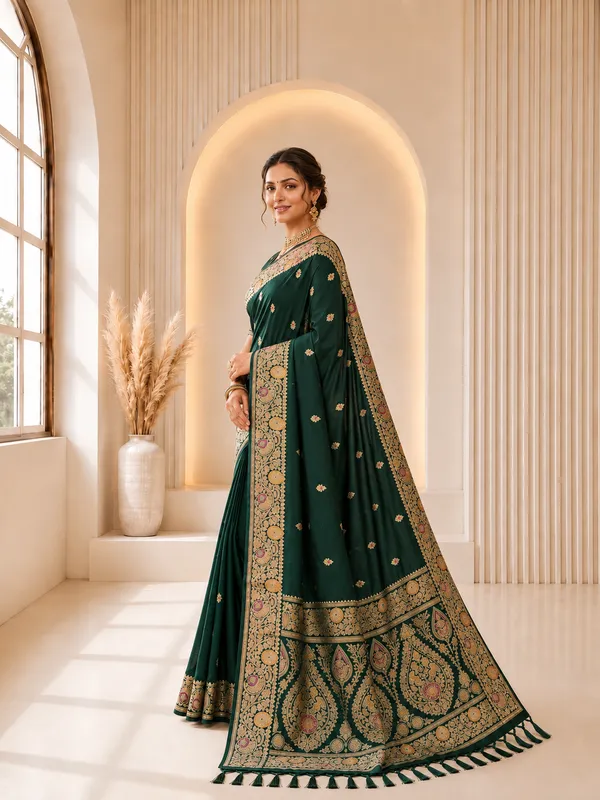 Bottle_Green_Banarasi_Silk_Saree_with_Intricate_Gold_Zari_&_Floral_Border