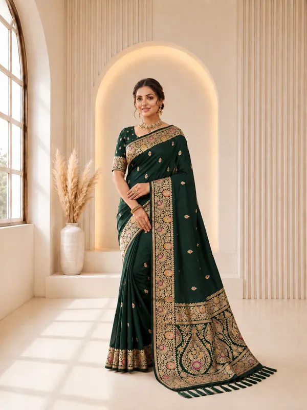 Bottle_Green_Banarasi_Silk_Saree_with_Intricate_Gold_Zari_&_Floral_Border