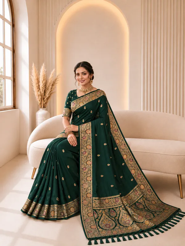 Bottle_Green_Banarasi_Silk_Saree_with_Intricate_Gold_Zari_&_Floral_Border