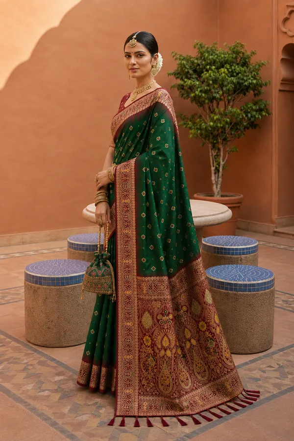 Bottle_Green_Designer_Banarasi_Saree_with_Intricate_Traditional_Border