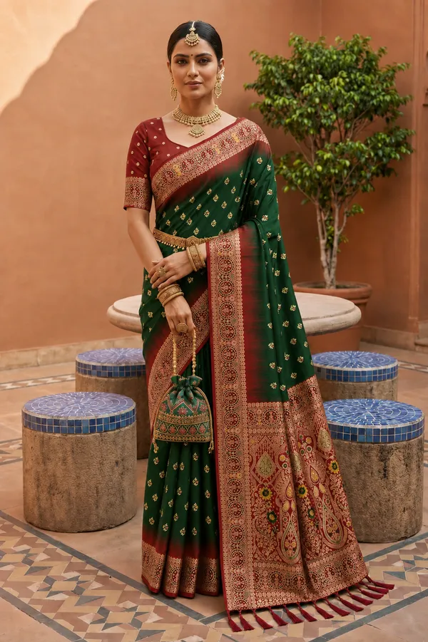Bottle_Green_Designer_Banarasi_Saree_with_Intricate_Traditional_Border