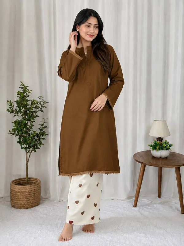 Chocolate_Brown_Straight_Kurti_with_Off-White_Heart_Print_Pants_Set