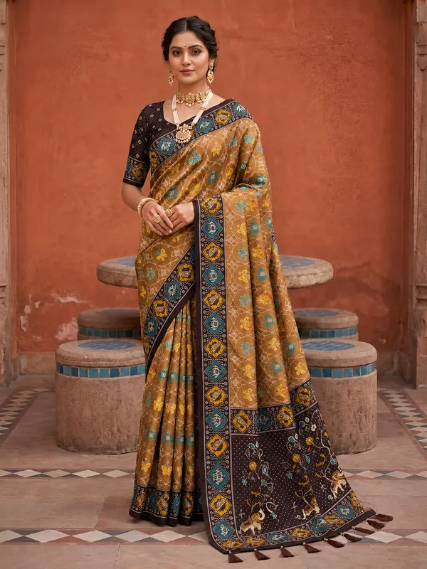 Coffee_Ajrakh_Printed_Designer_Patola_Saree_with_Contrast_Border_&_Tassel_Pallu