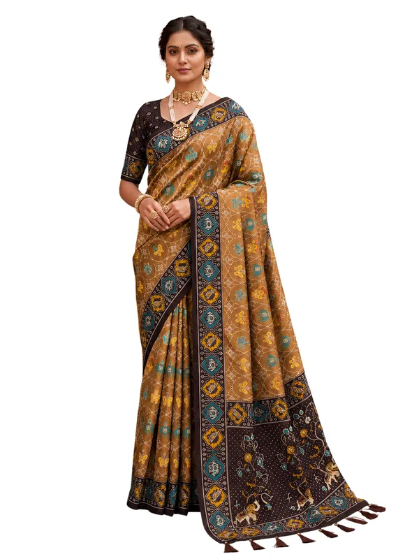 Coffee_Ajrakh_Printed_Designer_Patola_Saree_with_Contrast_Border_&_Tassel_Pallu