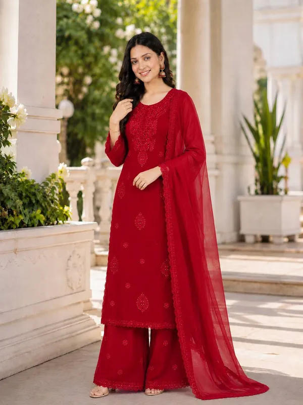 Crimson_Red_Embroidered_Georgette_Straight_Kurta_Set_with_Sharara_&_Matching_Dupatta