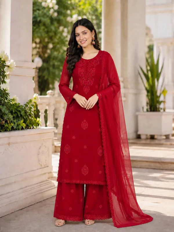 Crimson_Red_Embroidered_Georgette_Straight_Kurta_Set_with_Sharara_&_Matching_Dupatta