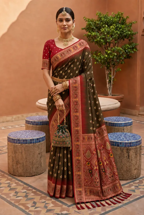Dark_Mehendi_Designer_Banarasi_Saree_with_Intricate_Traditional_Border