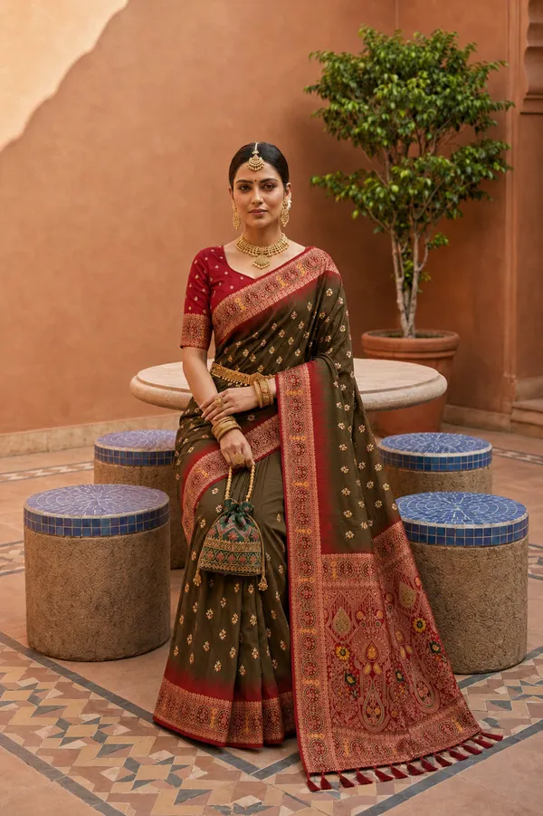 Dark_Mehendi_Designer_Banarasi_Saree_with_Intricate_Traditional_Border