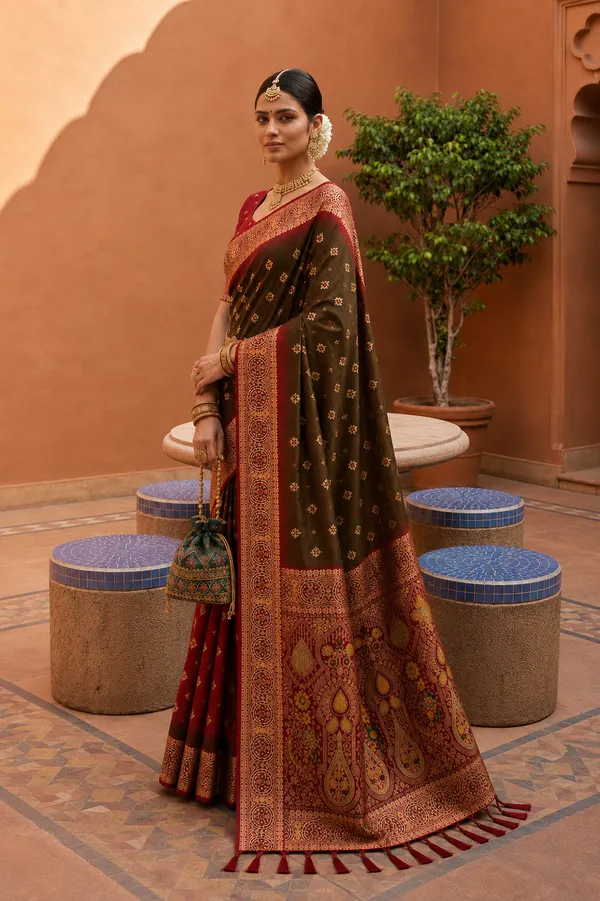 Dark_Mehendi_Designer_Banarasi_Saree_with_Intricate_Traditional_Border
