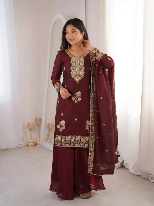 Deep_Maroon_Embroidered_Straight_Kurta_with_Sharara_&_Dupatta_Set