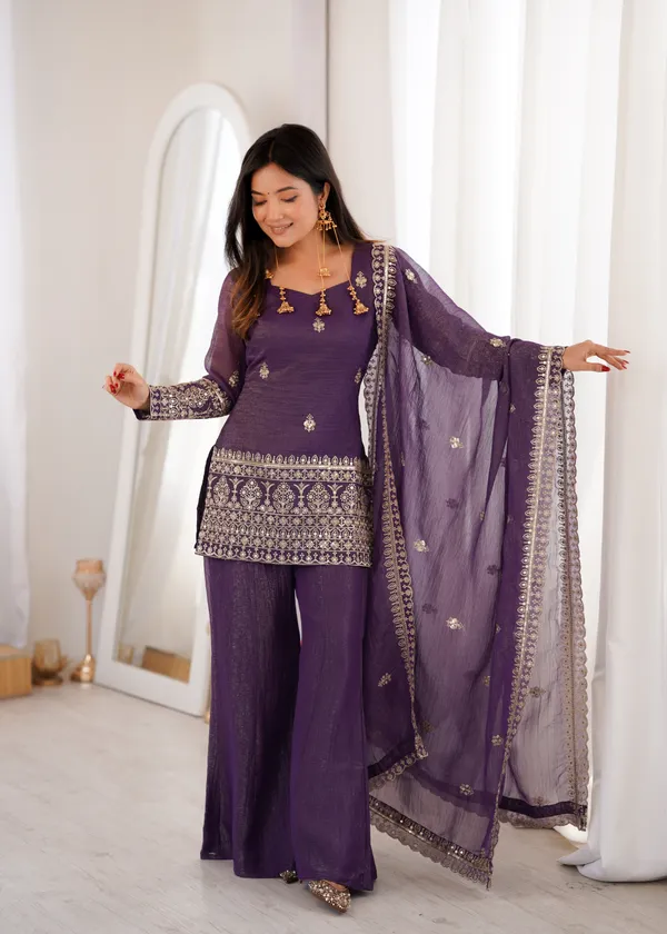 Deep_Purple_Embroidered_Kurti_with_Sharara_&_Matching_Dupatta_Set