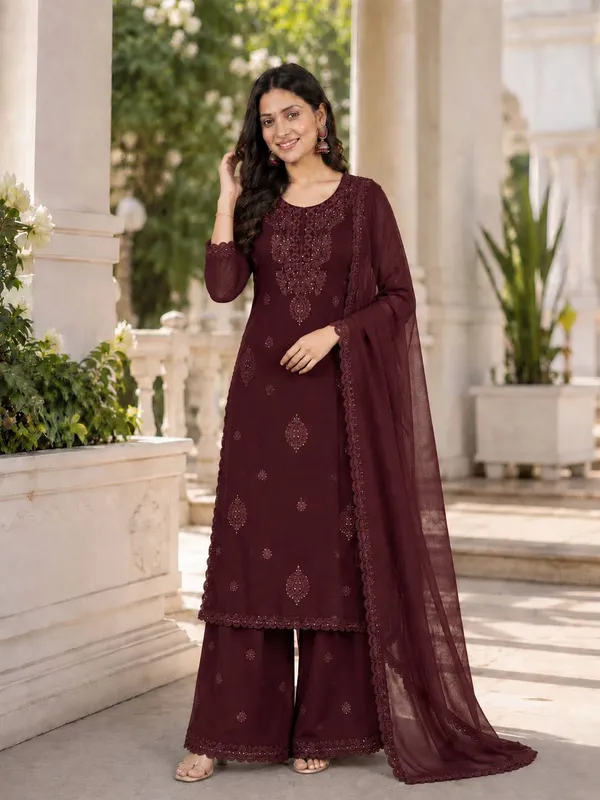 Deep_burgundy_Embroidered_Georgette_Straight_Kurta_Set_with_Sharara_&_Matching_Dupatta