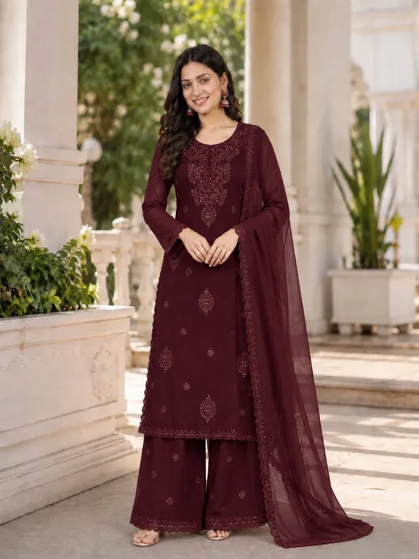 Deep_burgundy_Embroidered_Georgette_Straight_Kurta_Set_with_Sharara_&_Matching_Dupatta