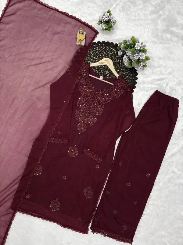 Deep_burgundy_Embroidered_Georgette_Straight_Kurta_Set_with_Sharara_&_Matching_Dupatta
