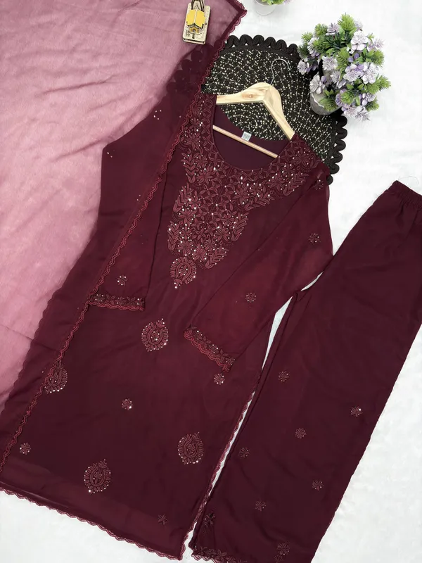 Deep_burgundy_Embroidered_Georgette_Straight_Kurta_Set_with_Sharara_&_Matching_Dupatta