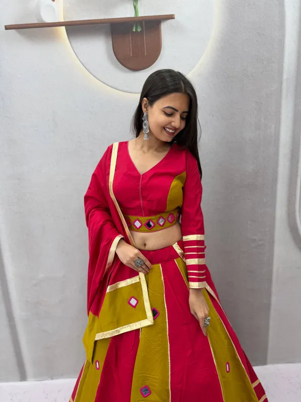 Designer_Magenta_&_Olive_Green_Roman_Silk_Lehenga_Choli_Set_with_Mirror_Work_&_Gota_Patti_Borders