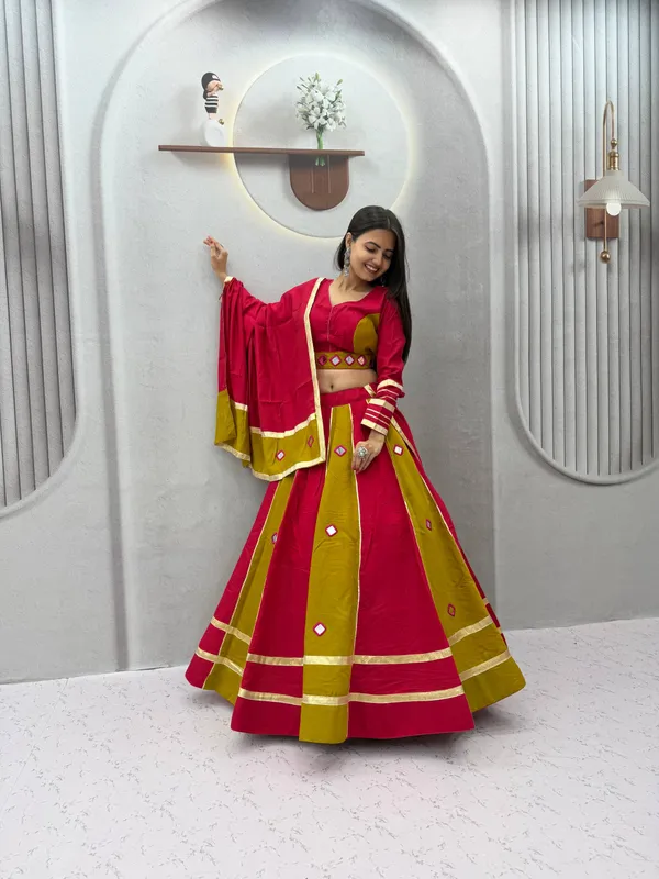 Designer_Magenta_&_Olive_Green_Roman_Silk_Lehenga_Choli_Set_with_Mirror_Work_&_Gota_Patti_Borders