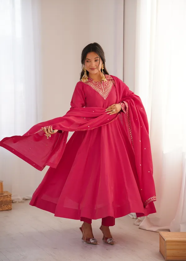 Elegance_in_Magenta:_Collar-Neck_Embroidery_Anarkali_Kurta_Set_with_Dupatta_&_Pants