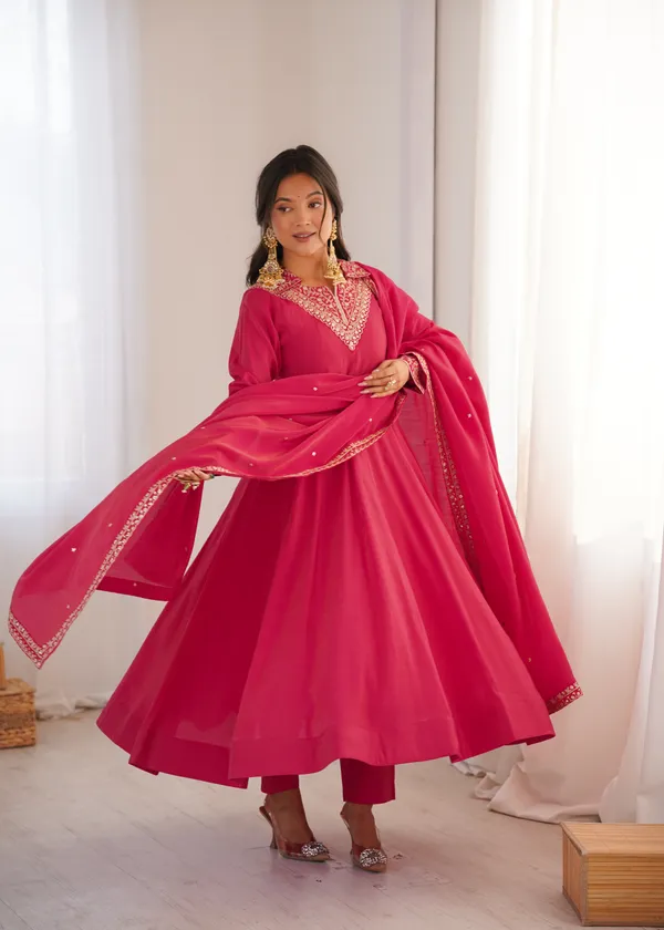 Elegance_in_Magenta:_Collar-Neck_Embroidery_Anarkali_Kurta_Set_with_Dupatta_&_Pants