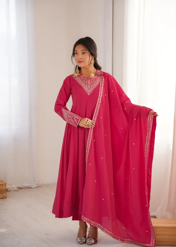 Elegance_in_Magenta:_Collar-Neck_Embroidery_Anarkali_Kurta_Set_with_Dupatta_&_Pants