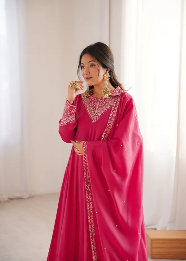Elegance_in_Magenta:_Collar-Neck_Embroidery_Anarkali_Kurta_Set_with_Dupatta_&_Pants