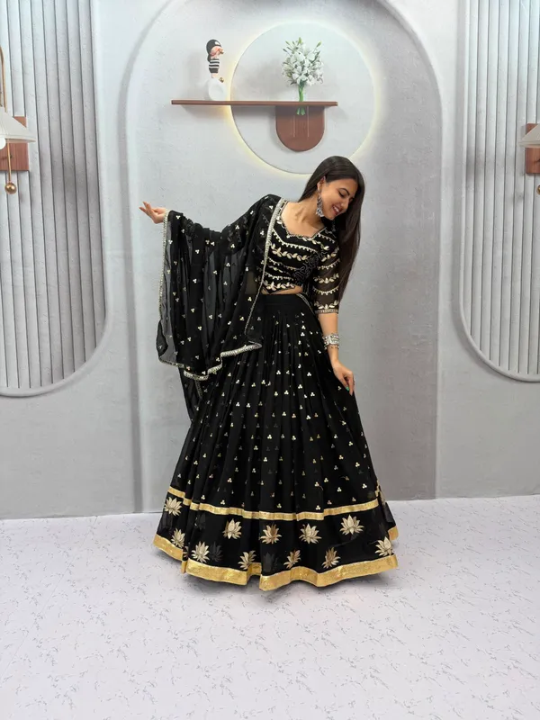 Elegant_Black_&_Gold_Embroidered_Georgette_Lehenga_Choli_Set_with_Lotus_Motif_Border