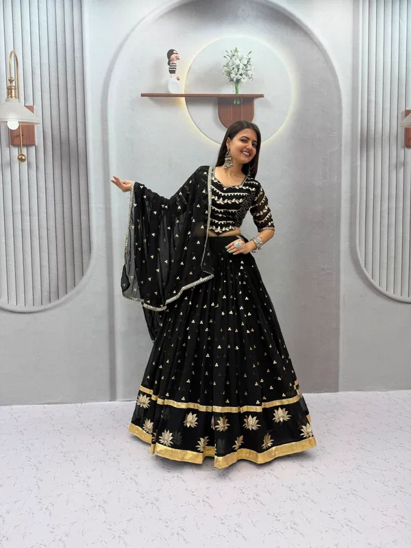 Elegant_Black_&_Gold_Embroidered_Georgette_Lehenga_Choli_Set_with_Lotus_Motif_Border