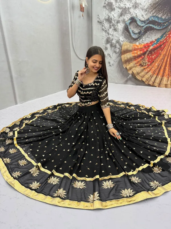 Elegant_Black_&_Gold_Embroidered_Georgette_Lehenga_Choli_Set_with_Lotus_Motif_Border