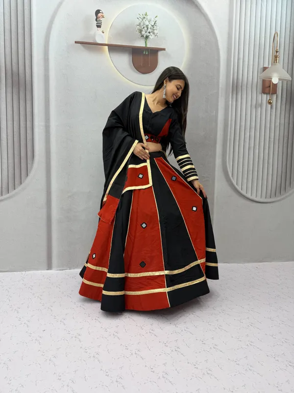 Elegant_Black_&_Red_Roman_Silk_Lehenga_Choli_with_Mirror_Work_&_Zari_Border_Dupatta