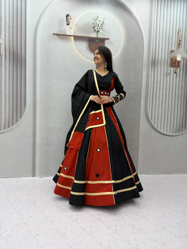 Elegant_Black_&_Red_Roman_Silk_Lehenga_Choli_with_Mirror_Work_&_Zari_Border_Dupatta