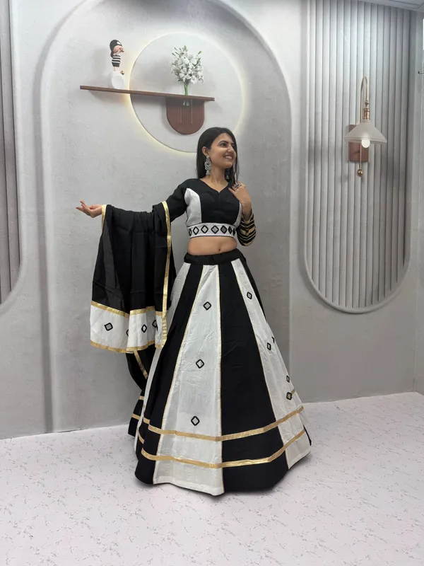 Elegant_Black_&_White_Roman_Silk_Lehenga_Choli_with_Mirror_Work_&_Zari_Border_Dupatta