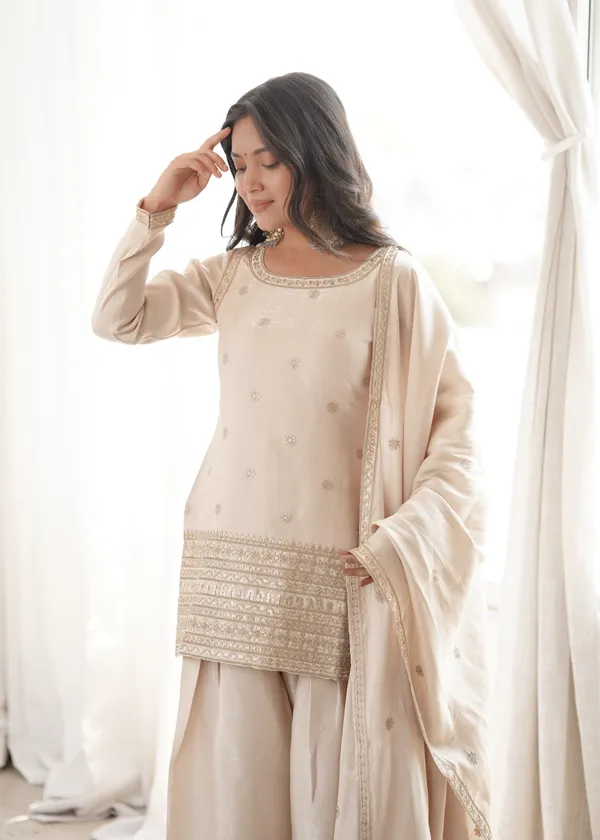 Elegant_Champagne_Beige_Embellished_Short_Kurta_with_Salwar_&_Dupatta_Set