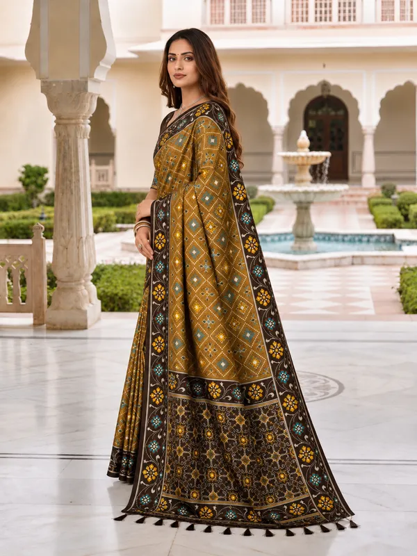 Elegant_Coffee_Patola-Inspired_Printed_Saree_with_Contrast_Border