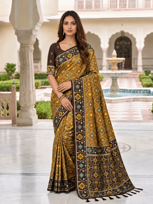 Elegant_Coffee_Patola-Inspired_Printed_Saree_with_Contrast_Border