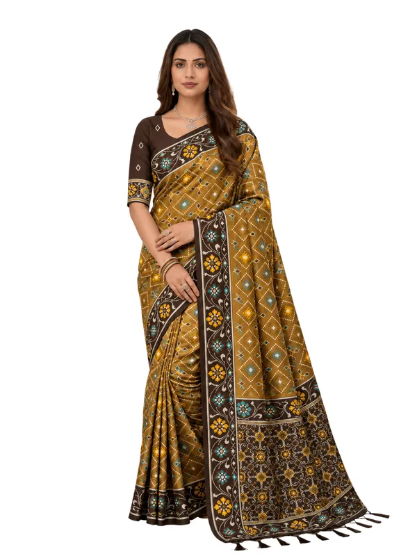 Elegant_Coffee_Patola-Inspired_Printed_Saree_with_Contrast_Border