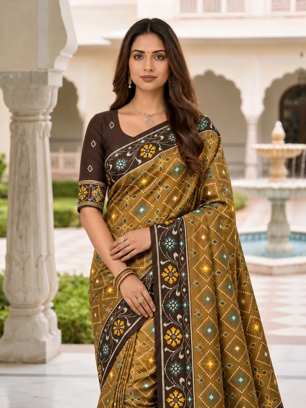 Elegant_Coffee_Patola-Inspired_Printed_Saree_with_Contrast_Border
