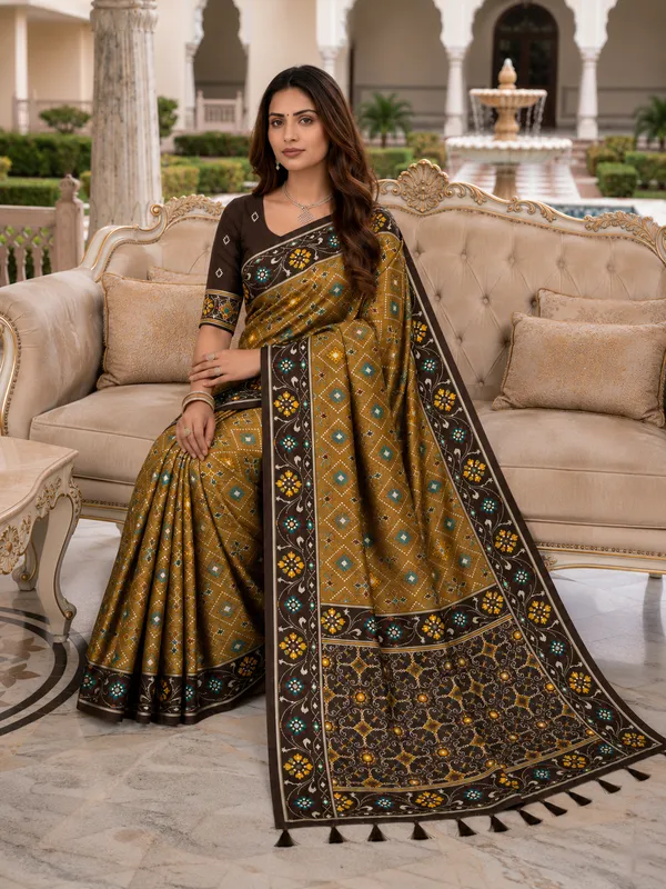 Elegant_Coffee_Patola-Inspired_Printed_Saree_with_Contrast_Border