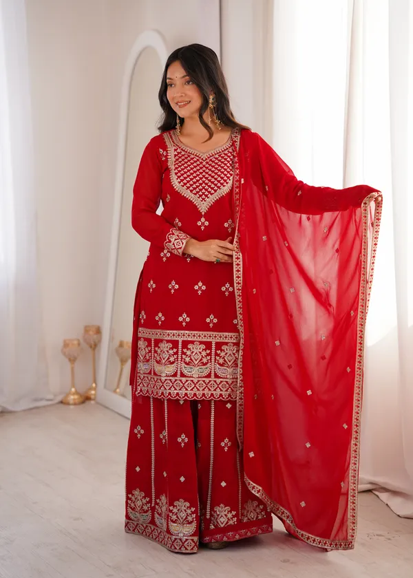 Elegant_Crimson_Red_Embroidered_Georgette_Kurti_Set_with_Sharara_&_Dupatta