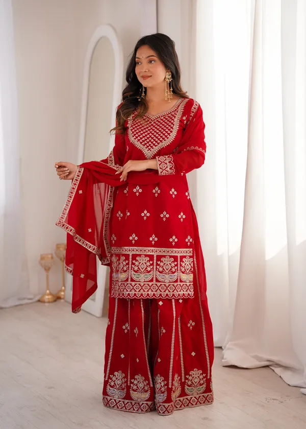 Elegant_Crimson_Red_Embroidered_Georgette_Kurti_Set_with_Sharara_&_Dupatta