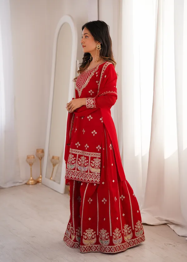 Elegant_Crimson_Red_Embroidered_Georgette_Kurti_Set_with_Sharara_&_Dupatta