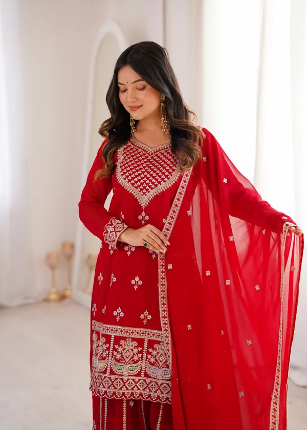 Elegant_Crimson_Red_Embroidered_Georgette_Kurti_Set_with_Sharara_&_Dupatta