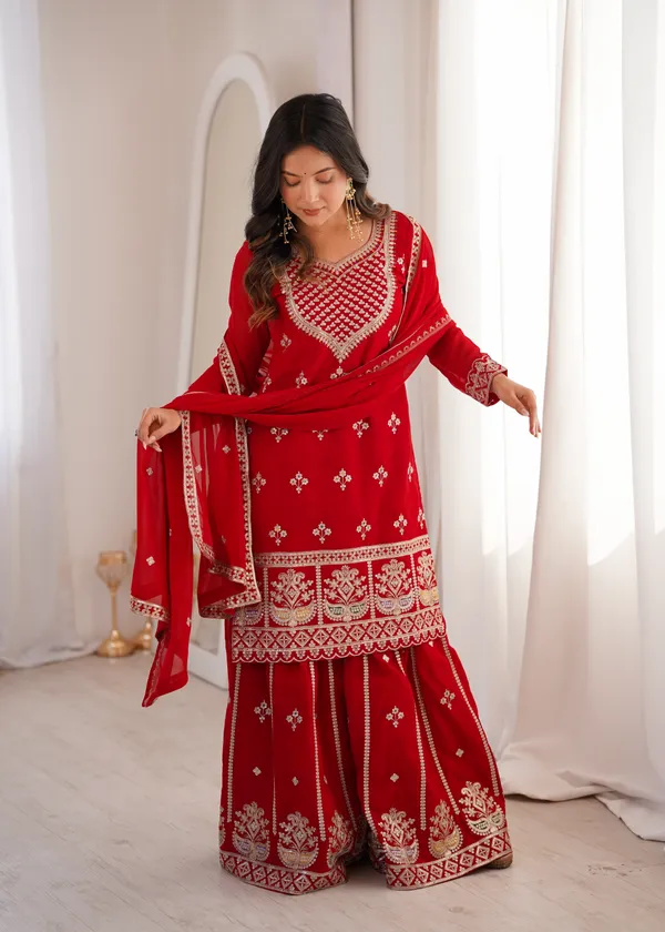Elegant_Crimson_Red_Embroidered_Georgette_Kurti_Set_with_Sharara_&_Dupatta