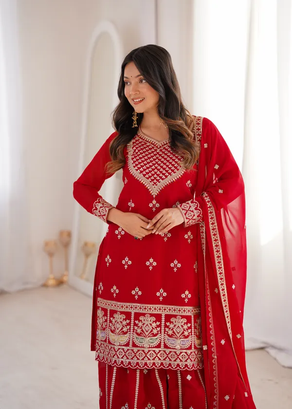 Elegant_Crimson_Red_Embroidered_Georgette_Kurti_Set_with_Sharara_&_Dupatta