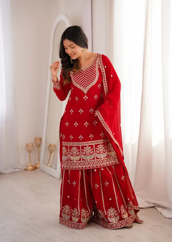 Elegant_Crimson_Red_Embroidered_Georgette_Kurti_Set_with_Sharara_&_Dupatta