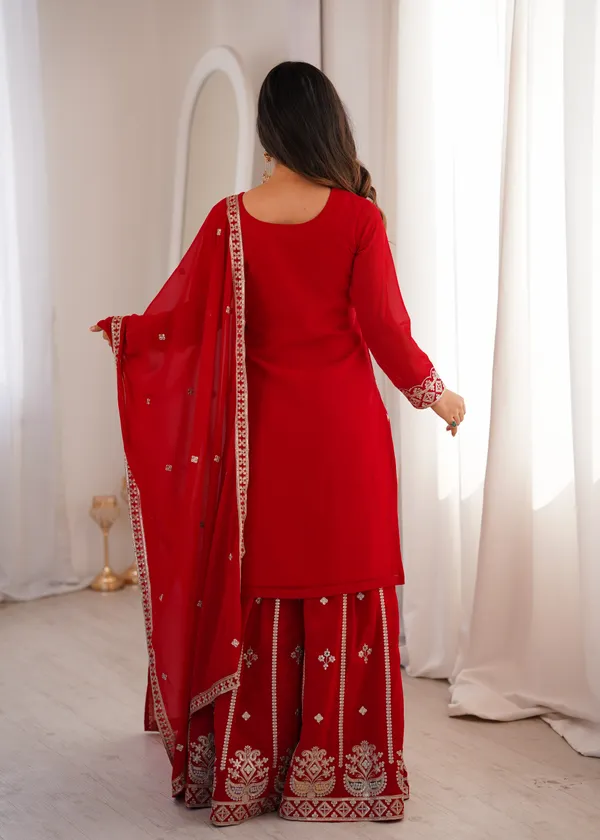 Elegant_Crimson_Red_Embroidered_Georgette_Kurti_Set_with_Sharara_&_Dupatta