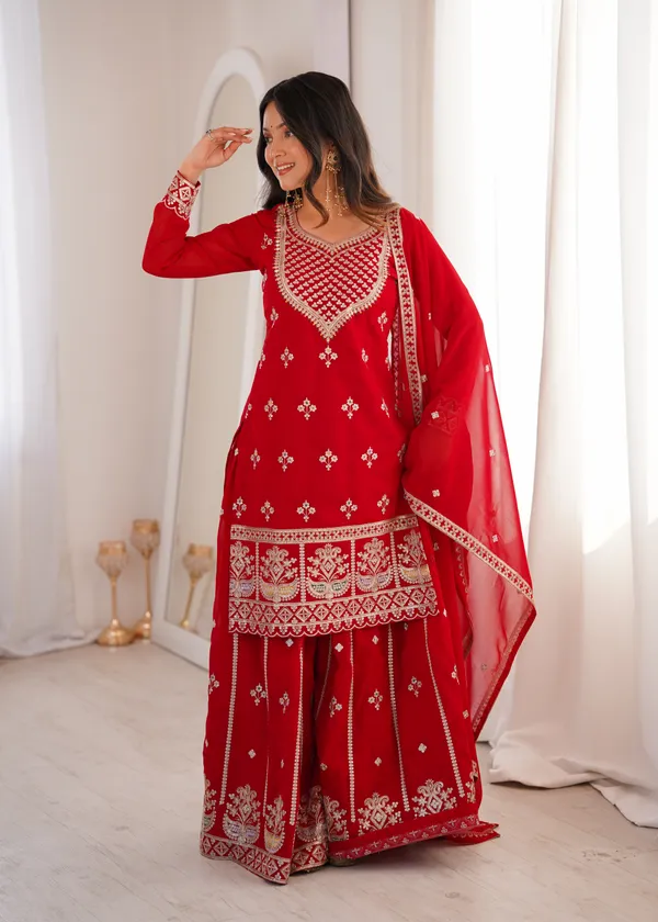 Elegant_Crimson_Red_Embroidered_Georgette_Kurti_Set_with_Sharara_&_Dupatta
