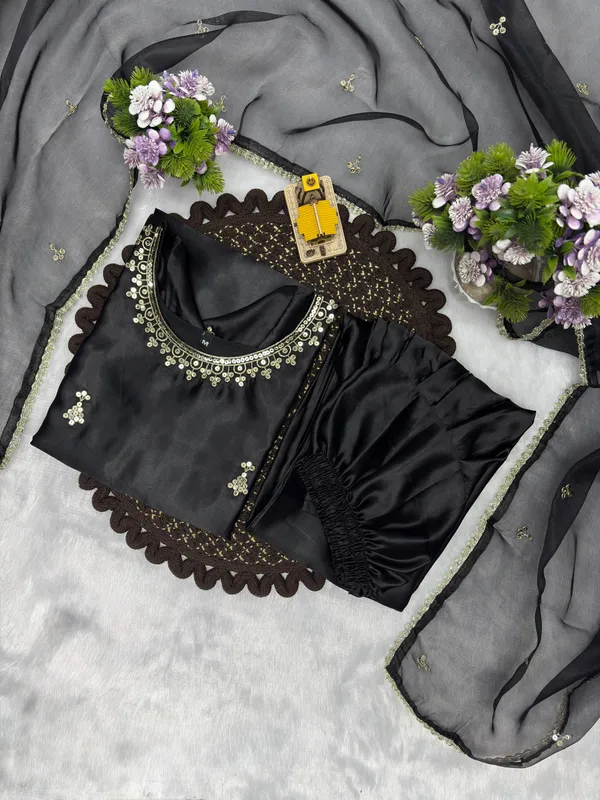 Elegant_Jet_Black_Embroidered_Silk_Kurti_Salwar_Suit_with_Sheer_Net_Dupatta