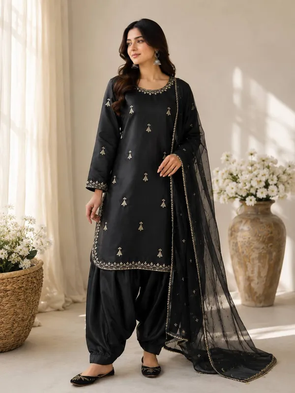 Elegant_Jet_Black_Embroidered_Silk_Kurti_Salwar_Suit_with_Sheer_Net_Dupatta