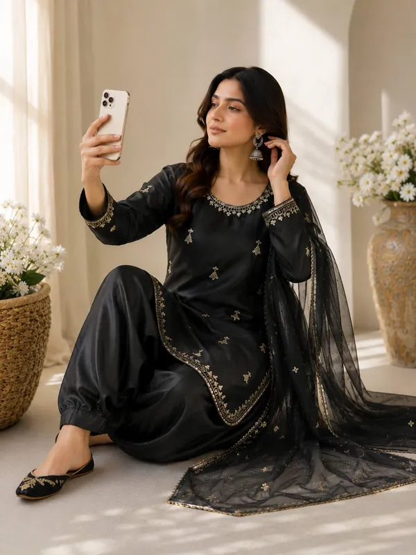 Elegant_Jet_Black_Embroidered_Silk_Kurti_Salwar_Suit_with_Sheer_Net_Dupatta