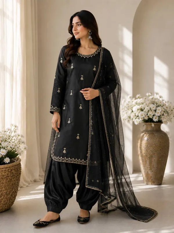 Elegant_Jet_Black_Embroidered_Silk_Kurti_Salwar_Suit_with_Sheer_Net_Dupatta